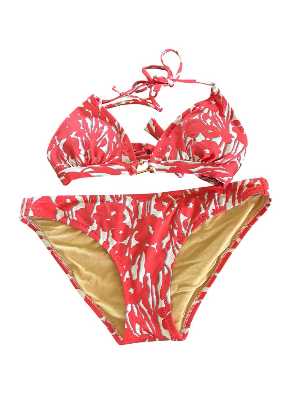 BCBGMAXAZRIA Swim Triangle Bikini Sz S/M Coral Abstract Gold Hardware 2PC Hawaii